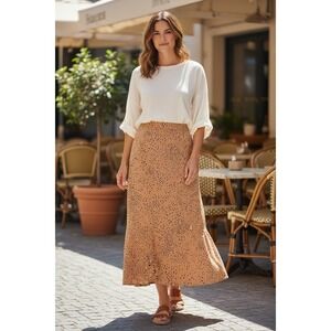 Saltwater Lux Midi Skirt Womens Small Peach Tan Polka‎ Dot Side Slit Boho Summer